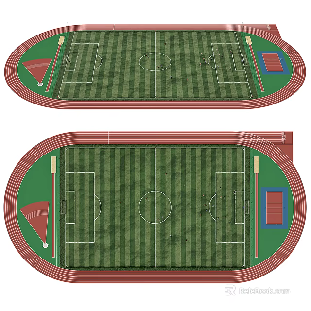 Soccer Field with Red Running Track Green Striped Grass Center Circle and Goal Areas 3d model 