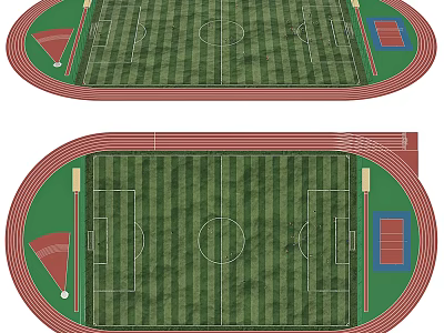 Soccer Field with Red Running Track Green Striped Grass Center Circle and Goal Areas 3d model