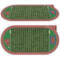 Soccer Field with Red Running Track Green Striped Grass Center Circle and Goal Areas