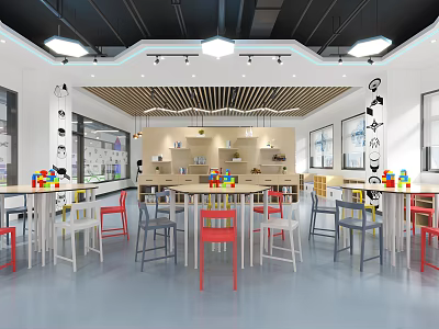 School Bright Classroom With Colorful Tables Chairs Windows And Learning Shelves 3d model