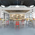 School Bright Classroom With Colorful Tables Chairs Windows And Learning Shelves