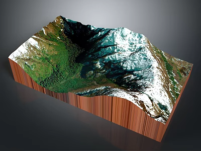 3D Terrain Model With Wooden Base And Mountainous Landscape Green Vegetation White Peaks 3d model