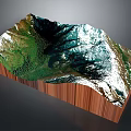 3D Terrain Model With Wooden Base And Mountainous Landscape Green Vegetation White Peaks