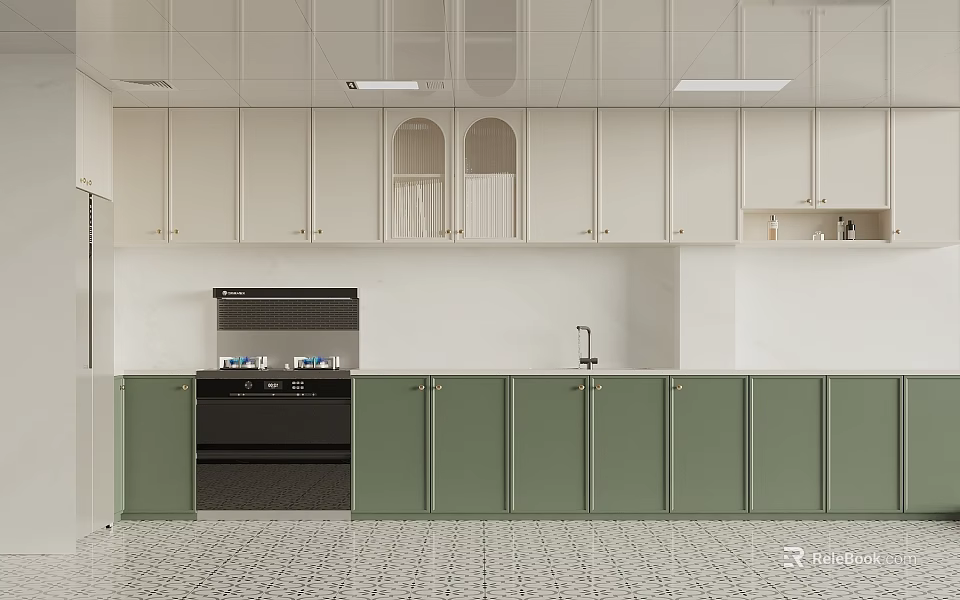 Light Green And White Kitchen Interior With Built In Oven And Tiled Floor 3d model 