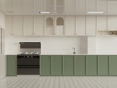 Light Green And White Kitchen Interior With Built In Oven And Tiled Floor 3d model