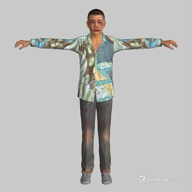 Man In Colorful Patterned Shirt And Dark Pants With Arms Outstretched 3d model 