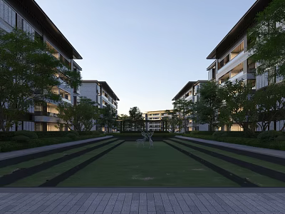 Modern Multi Story Residential Building With Courtyard Green Plants And Pathways 3d model