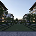 Modern Multi Story Residential Building With Courtyard Green Plants And Pathways