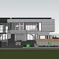 Modern Detached Villa Featuring Large Glass Windows Greenery And Car Parked In Front