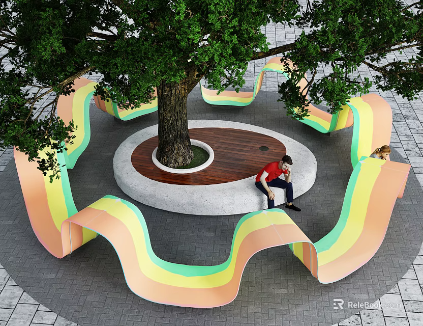 Colorful Wavy Outdoor Chair Design for Leisure Area Under Big Tree with Stone Pavement 3d model 