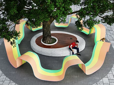 Colorful Wavy Outdoor Chair Design for Leisure Area Under Big Tree with Stone Pavement 3d model