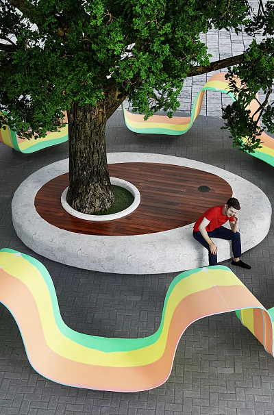 Colorful Wavy Outdoor Chair Design for Leisure Area Under Big Tree with Stone Pavement 3d model