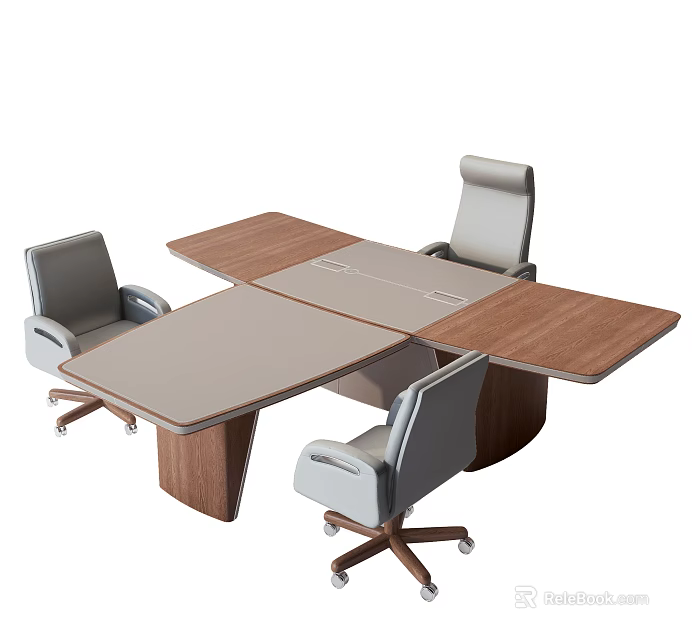 Modern Office Desk Setup With Wooden Top Gray Panel And Comfortable Chairs 3d model 