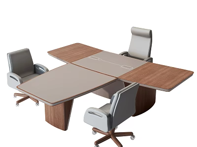 Modern Office Desk Setup With Wooden Top Gray Panel And Comfortable Chairs 3d model