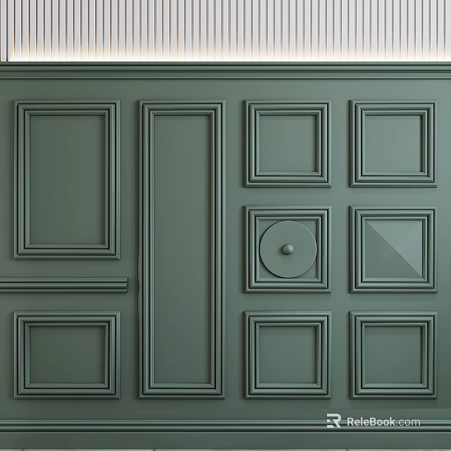 Green Paneled Wall Interior With Square Rectangular Panels And Circular Decorative Accent 3d model