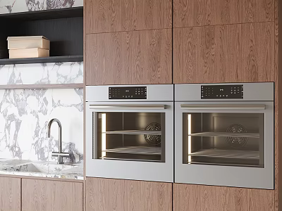 Elegant Kitchen With Wooden Cabinets Built In Stainless Steel Ovens And Marble Countertop 3d model