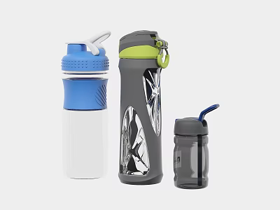 Water Bottles with Different Designs in Blue Gray Black Featuring Straw and Handle 3d model