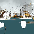 Burning Wooden Ships on Night Sea Surface with Flames and Dark Sky