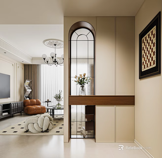 Modern Entryway Hallway Design With Arched Glass Door Flower Vase And Cabinets 3d model 