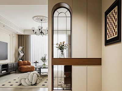 Modern Entryway Hallway Design With Arched Glass Door Flower Vase And Cabinets 3d model