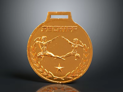 Golden Circular Medal with PEACE Inscription Human Figures Laurel Wreath and Star Design 3d model