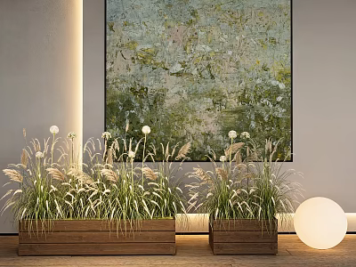 Natural Plant Combination with Wooden Planters Herbaceous Plants Green Toned Painting and White Globe Light 3d model