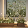 Natural Plant Combination with Wooden Planters Herbaceous Plants Green Toned Painting and White Globe Light