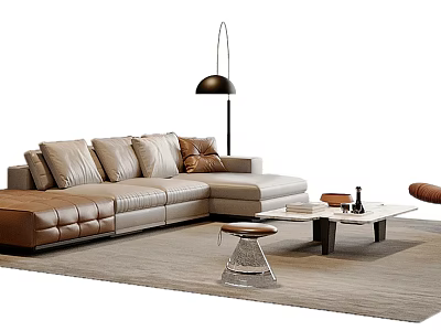 Elegant Modern Living Room Interior With L shaped Leather Sofa Coffee Table Floor Lamp And Stool 3d model