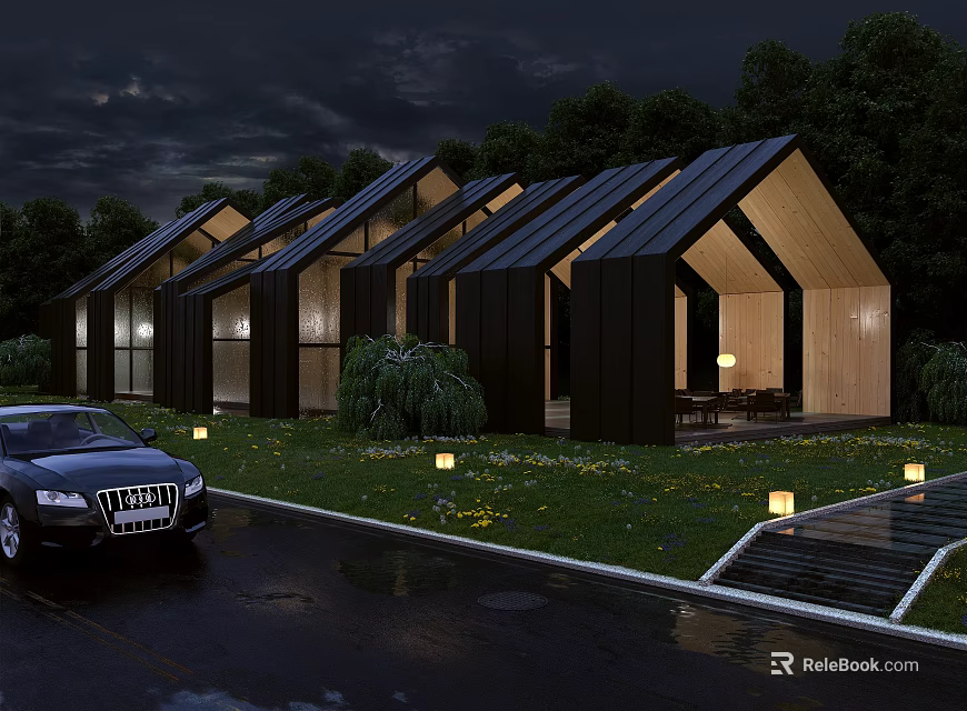 Wooden House In Dark Night With Black Roof Trees Lawn Lights And Parked Car 3d model 
