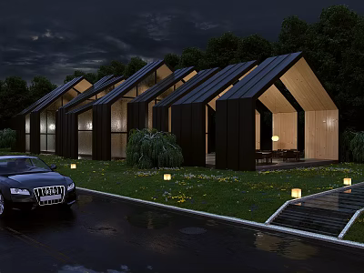 Wooden House In Dark Night With Black Roof Trees Lawn Lights And Parked Car 3d model