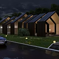 Wooden House In Dark Night With Black Roof Trees Lawn Lights And Parked Car