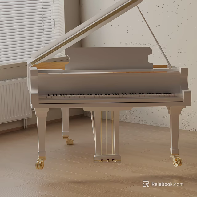 Elegant Modern Silver Grand Piano With Golden Wheels In Indoor Space With Blinds And Light Walls 3d model 
