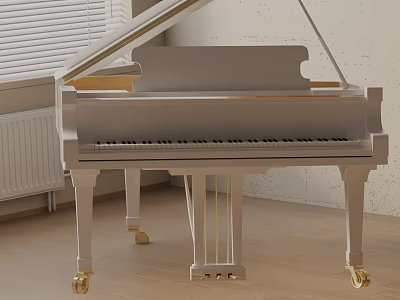 Elegant Modern Silver Grand Piano With Golden Wheels In Indoor Space With Blinds And Light Walls 3d model