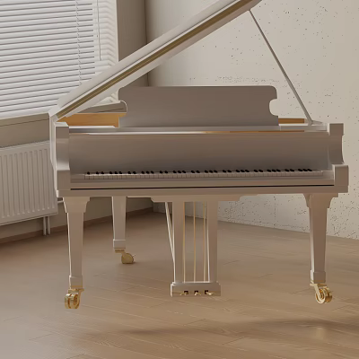 Elegant Modern Silver Grand Piano With Golden Wheels In Indoor Space With Blinds And Light Walls 3d model