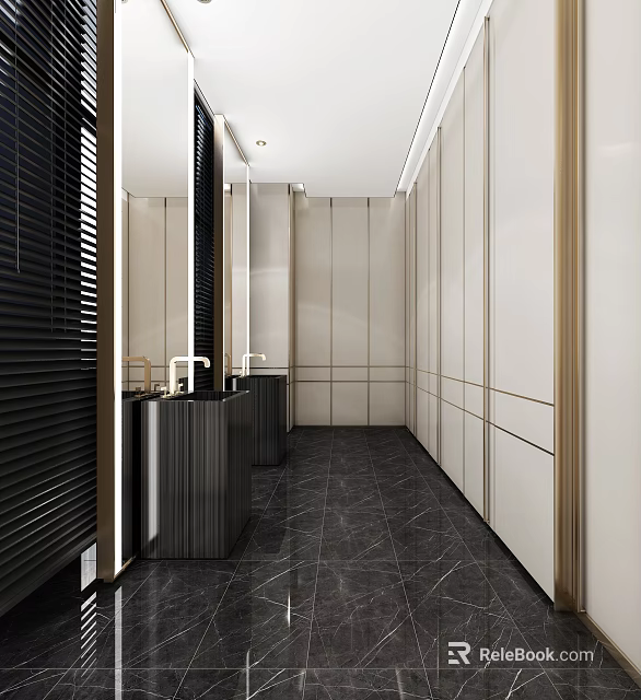 Modern Public Restroom With Sinks And Marble Flooring 3d model