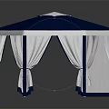 Hexagonal Garden Pavilion With Blue Top And White Curtains For Outdoor Use