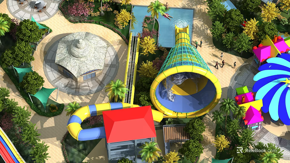 Vibrant Amusement Park Featuring Yellow Blue Water Slide Red Roof Building Palm Trees And Greenery 3d model 