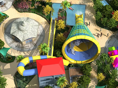 Vibrant Amusement Park Featuring Yellow Blue Water Slide Red Roof Building Palm Trees And Greenery 3d model