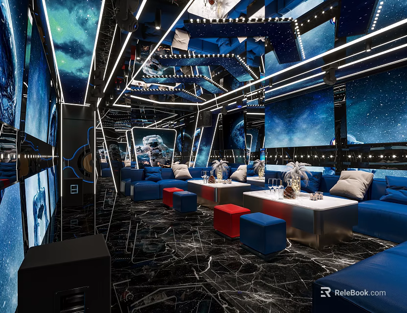 Luxury KTV Private Room With Starry Ceiling Blue Sofas And Stools 3d model