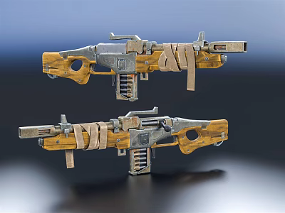 Dual Military Style Weapons With Yellow Gray Metal Parts And Bandaged Details In Tactical Design 3d model