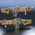 Dual Military Style Weapons With Yellow Gray Metal Parts And Bandaged Details In Tactical Design