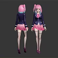 Anime Schoolgirl Character Front Back View With Pink Hair Black Coat Plaid Skirt And High Heels