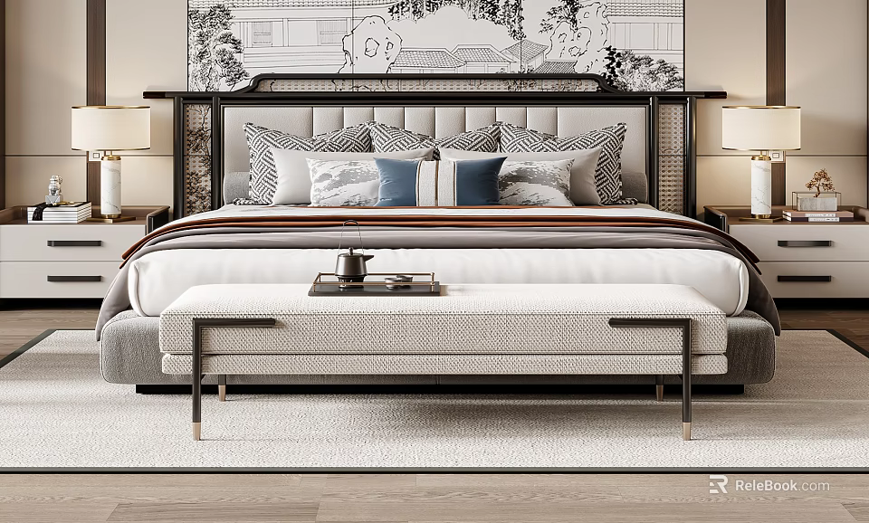 Elegant Modern Double Bed Interior With Stylish Headboard Plush Pillows And Bench 3d model