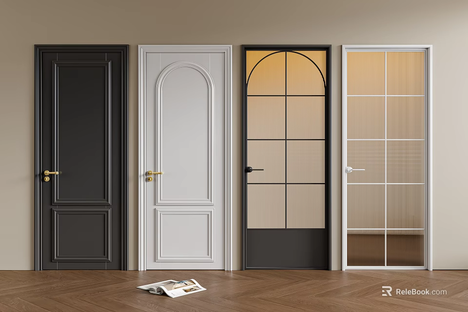 Stylish Interior Swing Doors In Black White With Glass Panels And Grid Design On Wooden Floor 3d model 
