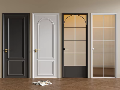 Stylish Interior Swing Doors In Black White With Glass Panels And Grid Design On Wooden Floor 3d model