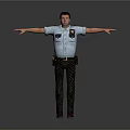 Male Police Officer in Uniform with Arms Outstretched on Gray Background