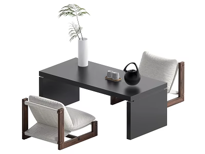 Black Tea Table and Chairs with Wood Frame Light Gray Cushions White Vase Green Plant Black Teapot 3d model