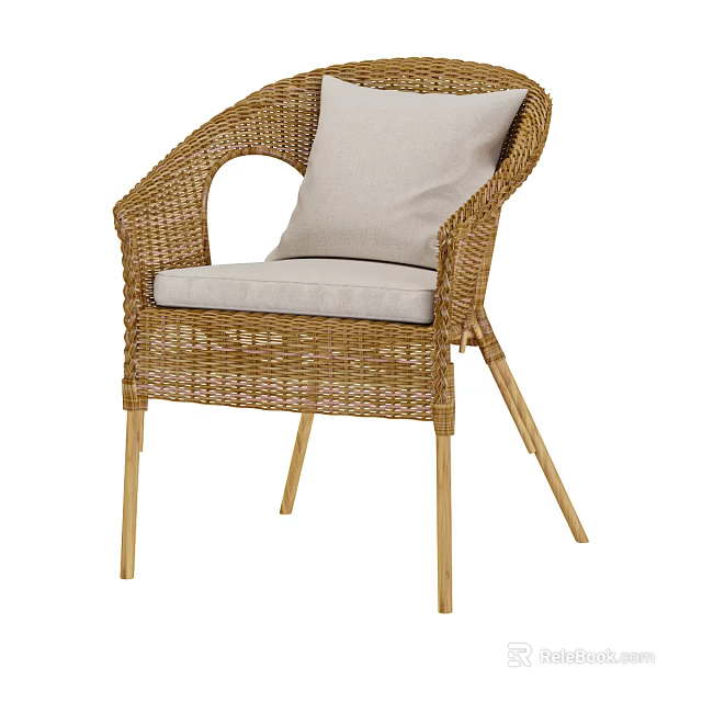 Comfortable Wicker Leisure Chair With Armrest Light Cushion And Wooden Legs 3d model 