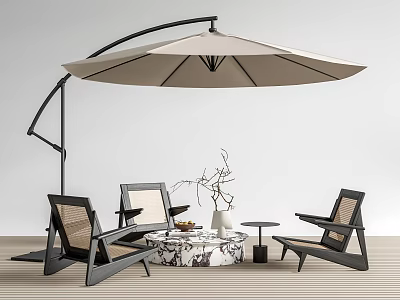 Outdoor Patio Chairs with Woven Seats Backs Cantilever Umbrella Marble Table and Decorative Vase 3d model