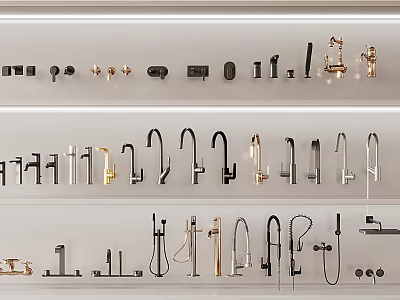 Modern Faucets in Various Styles and Finishes Displayed on Store Shelves 3d model
